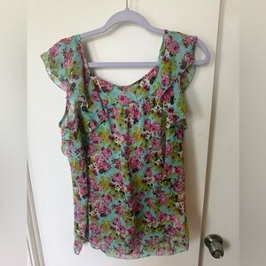 Flowy Ariat Floral Ruffle Sleeve Blouse - Pink and Green